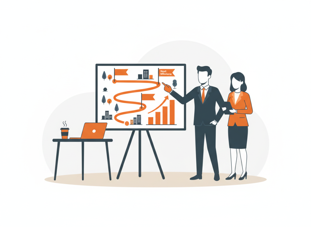 Illustration of business people planning an IT roadmap with milestones on a large board
