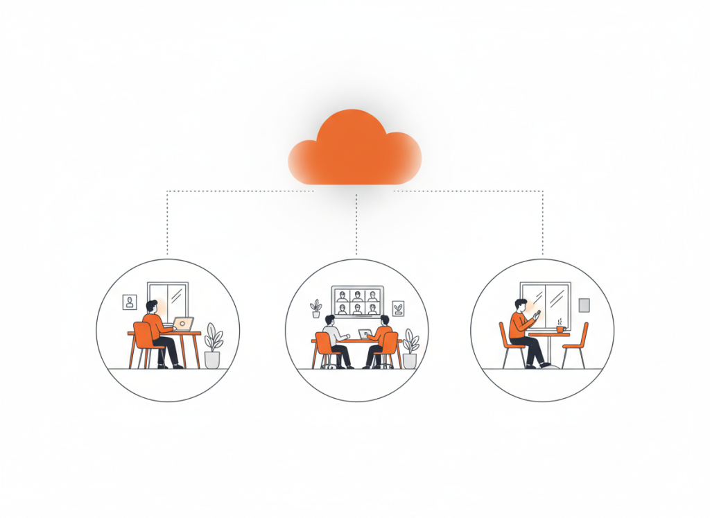Illustration of people working from home, office and on the move, all connected to the cloud