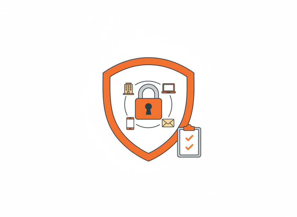Illustration of a large shield and padlock protecting an office, laptops and email