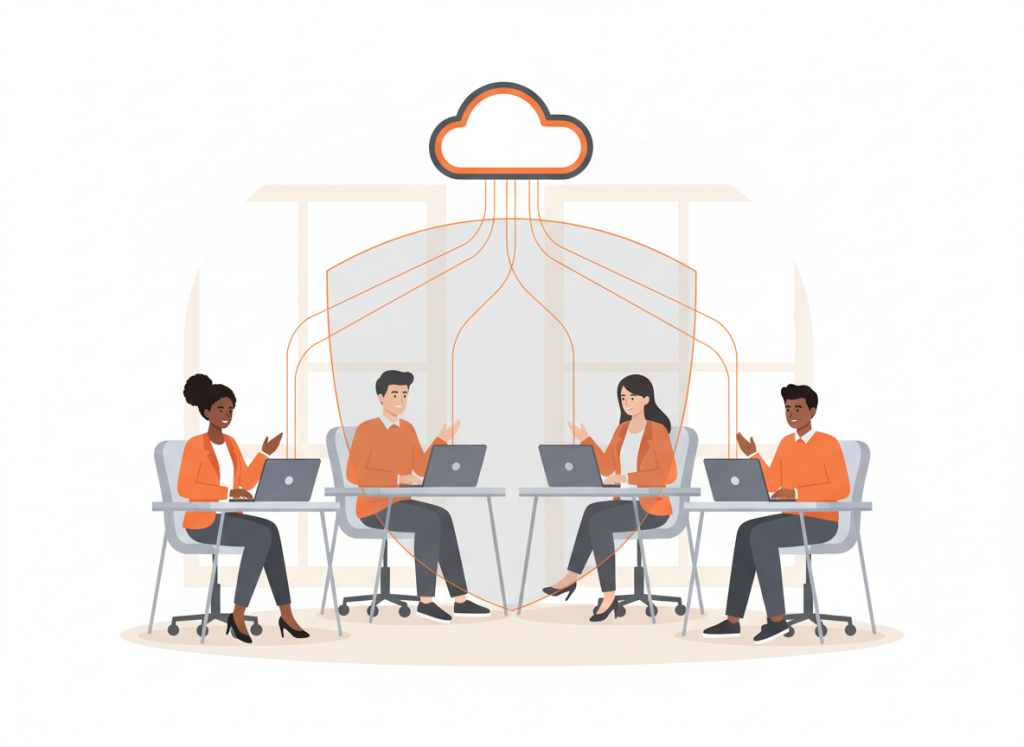 Illustration of a small business team working in a bright modern office, protected by a shield and connected to the cloud