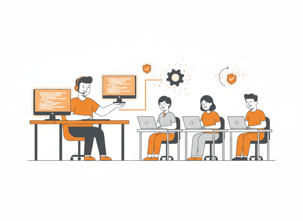 Illustration of a friendly IT support engineer with a headset helping office staff remotely