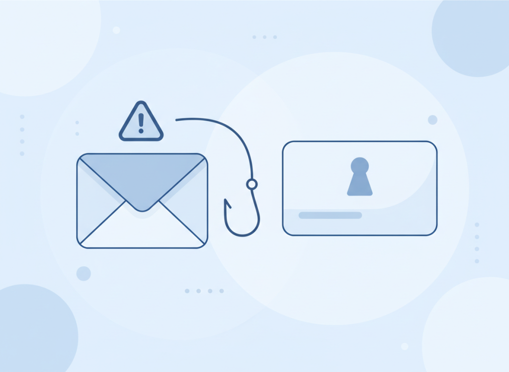 Illustration of a phishing email with a warning triangle and a fishhook reaching for a login card