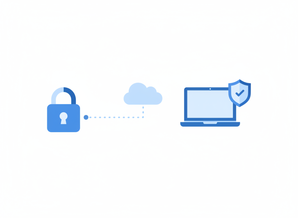 Illustration of a padlock connected to a cloud backup icon, a laptop and a checkmark shield