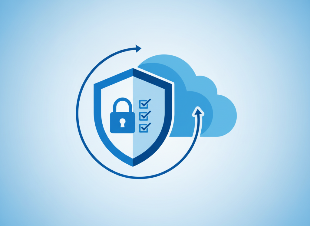 Illustration of a shield, padlock and checklist representing cloud security responsibility