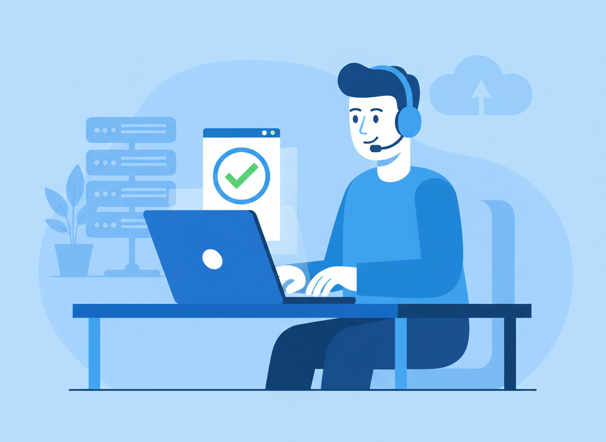Illustration of an IT helpdesk support agent at a desk helping resolve a ticket