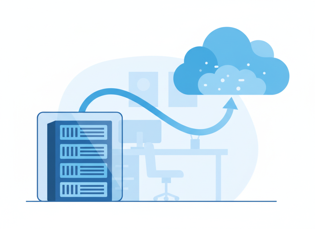 Illustration of an office server connecting to the cloud, representing IT migration