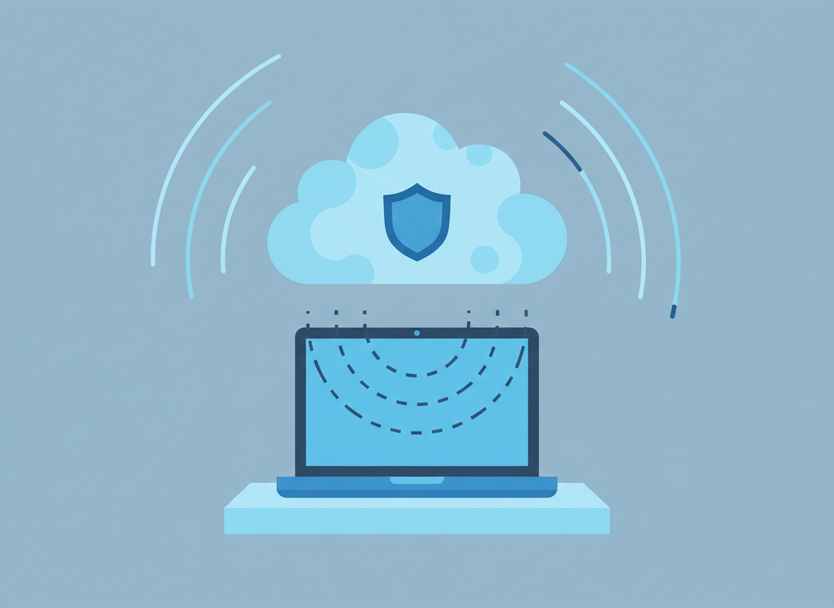 Illustration of a laptop automatically backing up data to a protected cloud