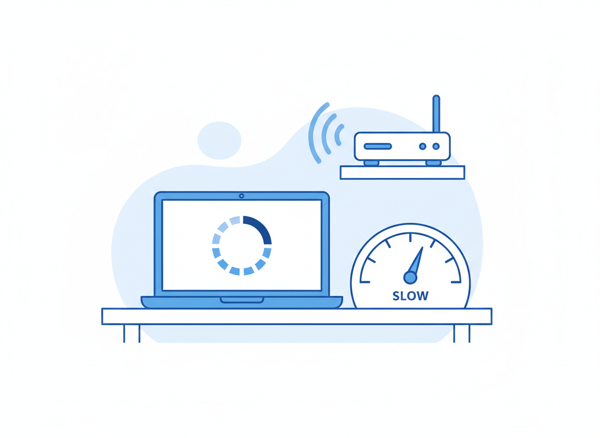 Illustration of a laptop with a loading icon and a speedometer pointing to slow, representing sluggish office internet