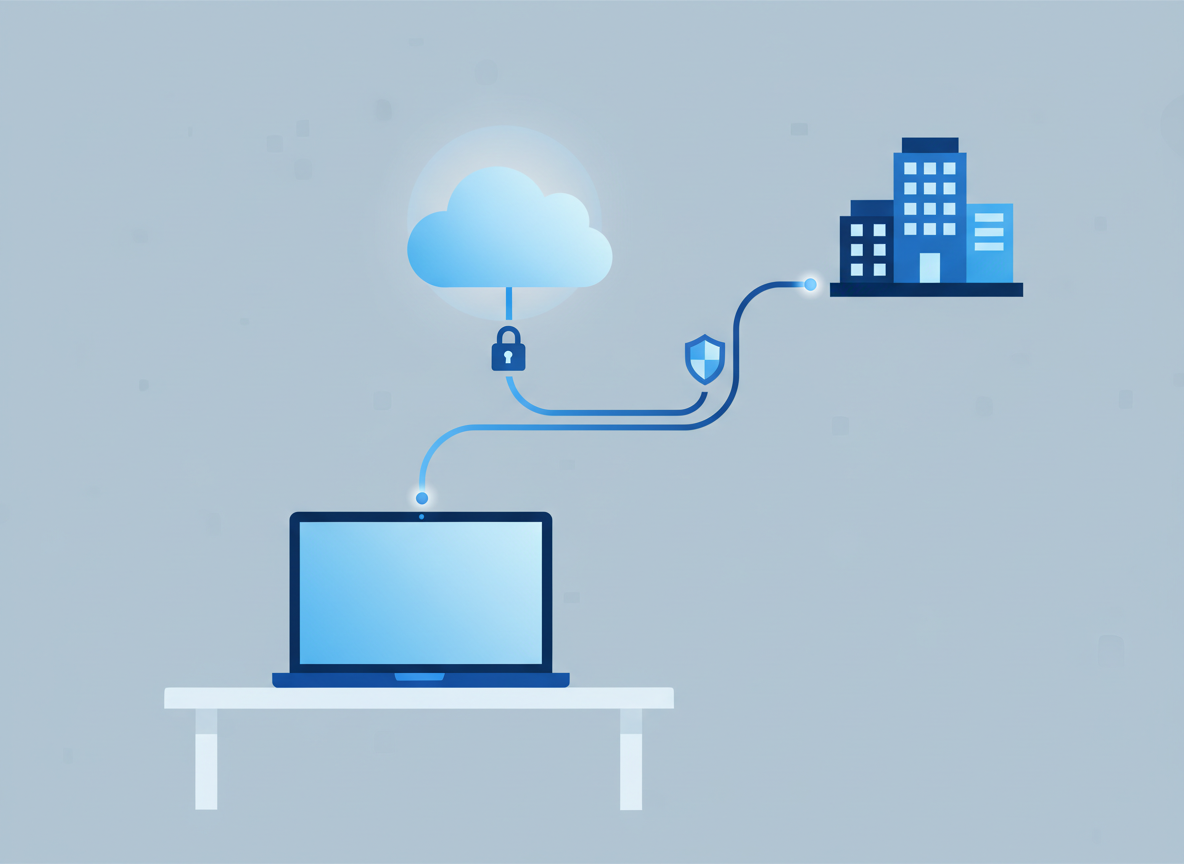 Illustration of a laptop at home connecting securely to cloud and office systems